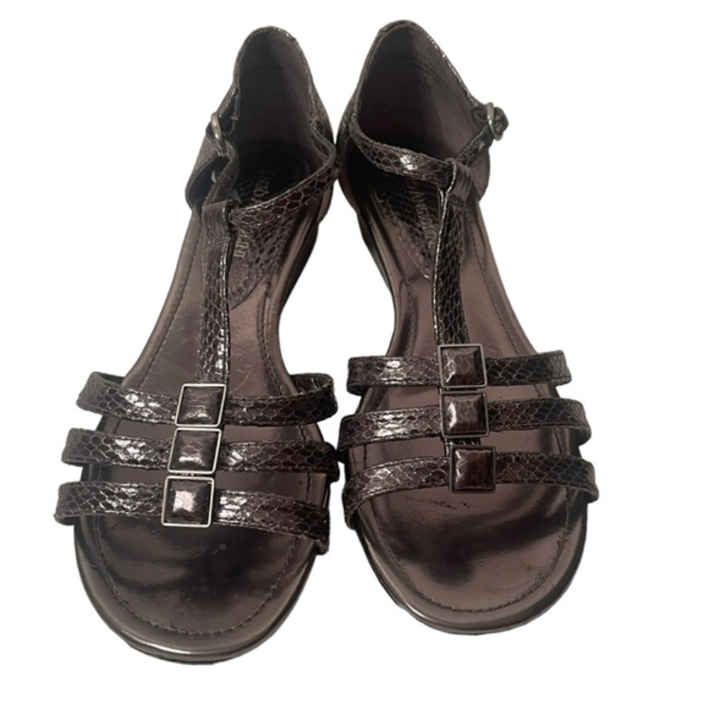 Enzo Angiolini Silver Gray Low Wedge Heel Ganyleri Ankle T-Strap Shoes Size 6.5M